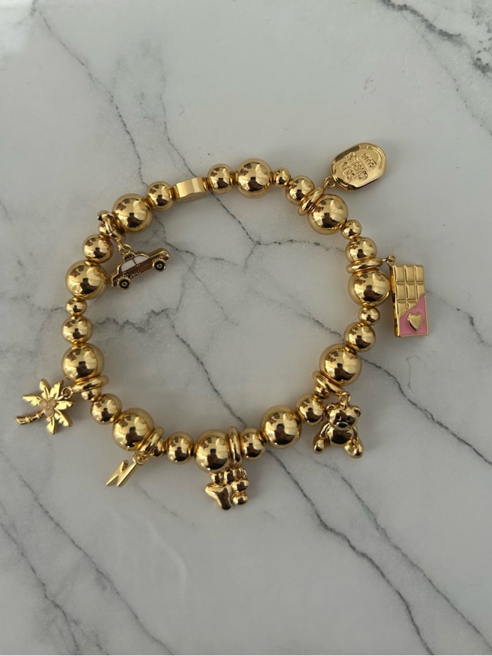 Gold Beaded Charm Bracelet with Pink Accent - Women Jewelry
